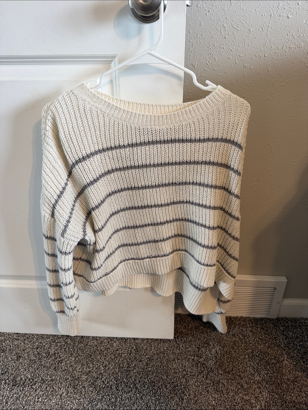 Pink Rose Cream and Gray Striped Scoop Neck Sweater